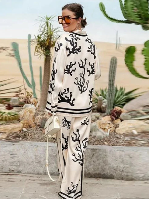 Chic Women's Summer Streetwear Set: Stylish Lapel Long Sleeve Shirt with Wide Leg Trousers for Effortless Fashion Inspo